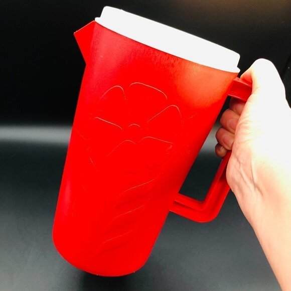70s Sterilite Red Plastic Juice Pitcher Vintage Cold Beverage Jug Family BBQ - Picture 9 of 11